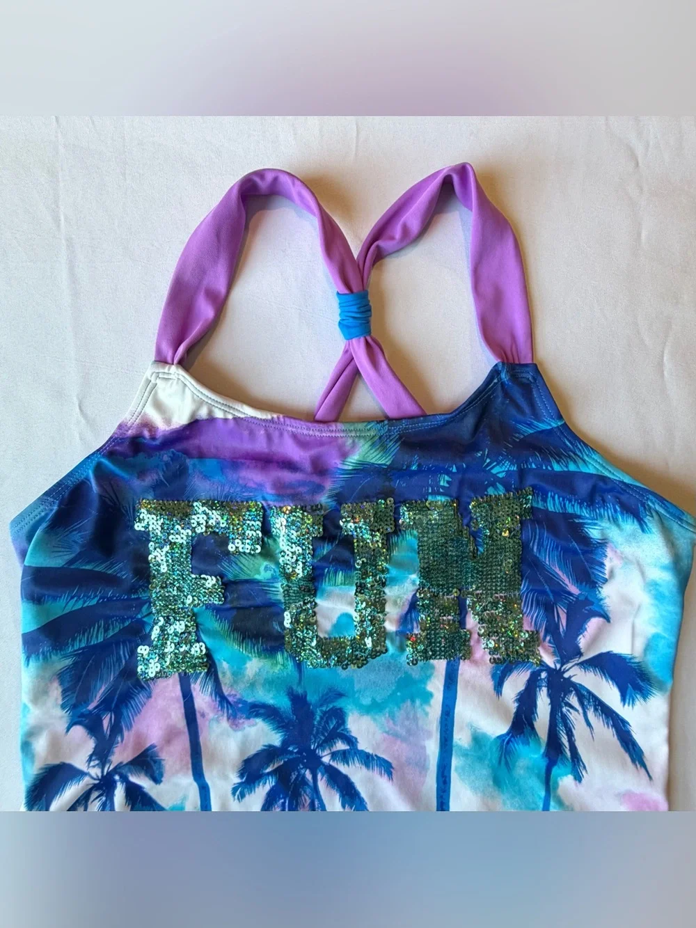 Justice Girls Swimsuit 2 Piece Blue Purple Palm Trees FUN Sequin Tankini Size 18
